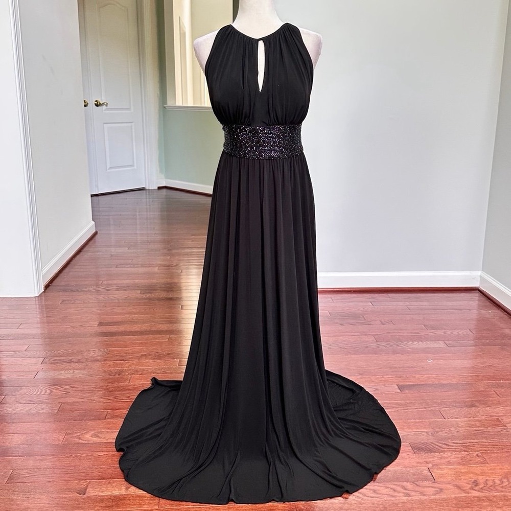 R&M Richard's Black Beaded Waist Keyhole Sexy Maxi Dress Gown Size 14